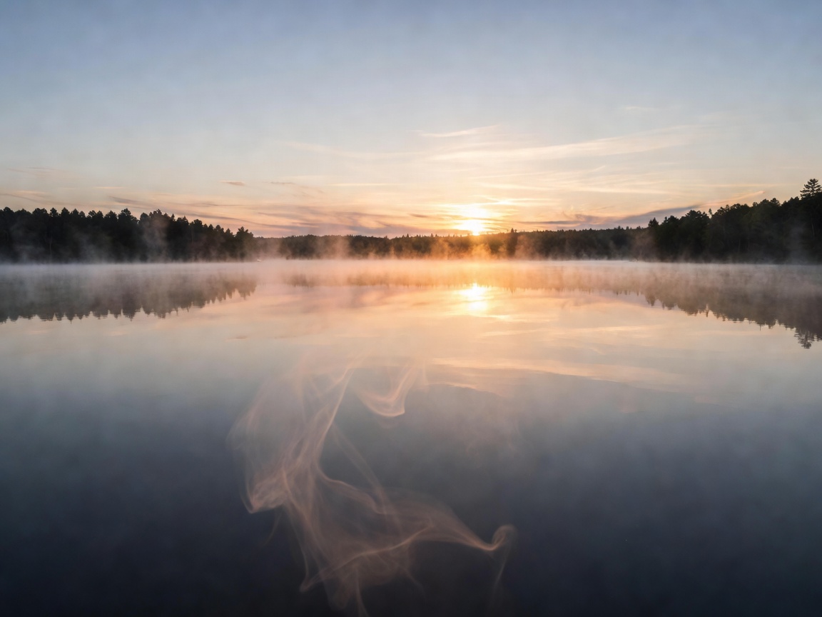 A calm lake at sunrise with mist rising off the surface