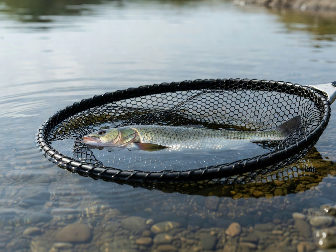 A fish resting safely in a rubberized landing net half submerged in water
