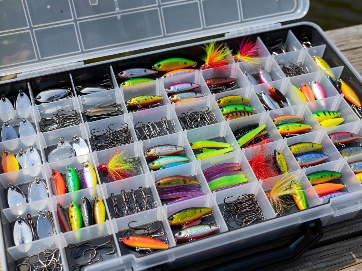A well organized fishing tackle box featuring various lures and hooks