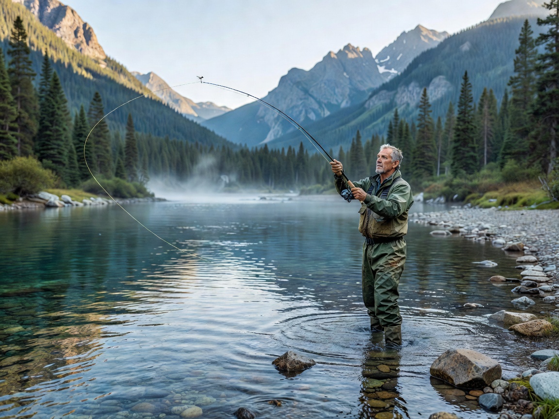 An angler casting a fly line over a pristine mountain river