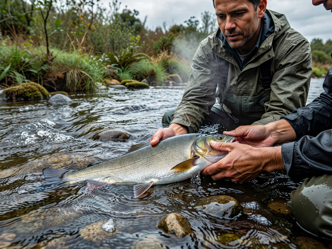 Anglers wet hands gently supporting a fish in the river current before release