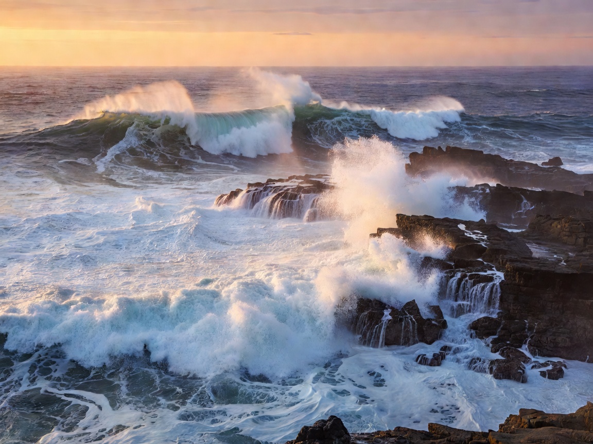Crashing ocean waves against a rocky coastline at dawn