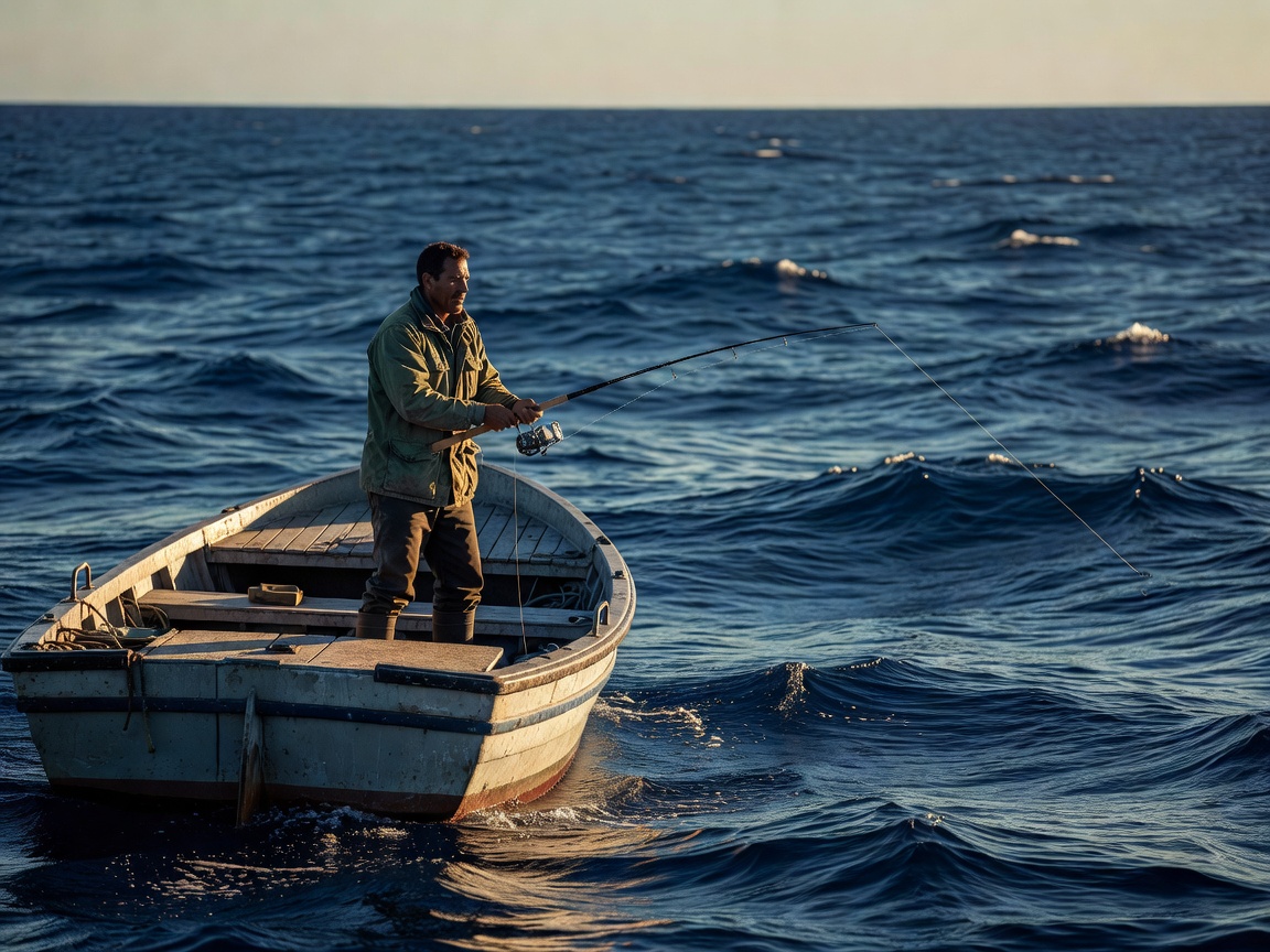 Fishing from the deck of a boat in deep blue ocean water