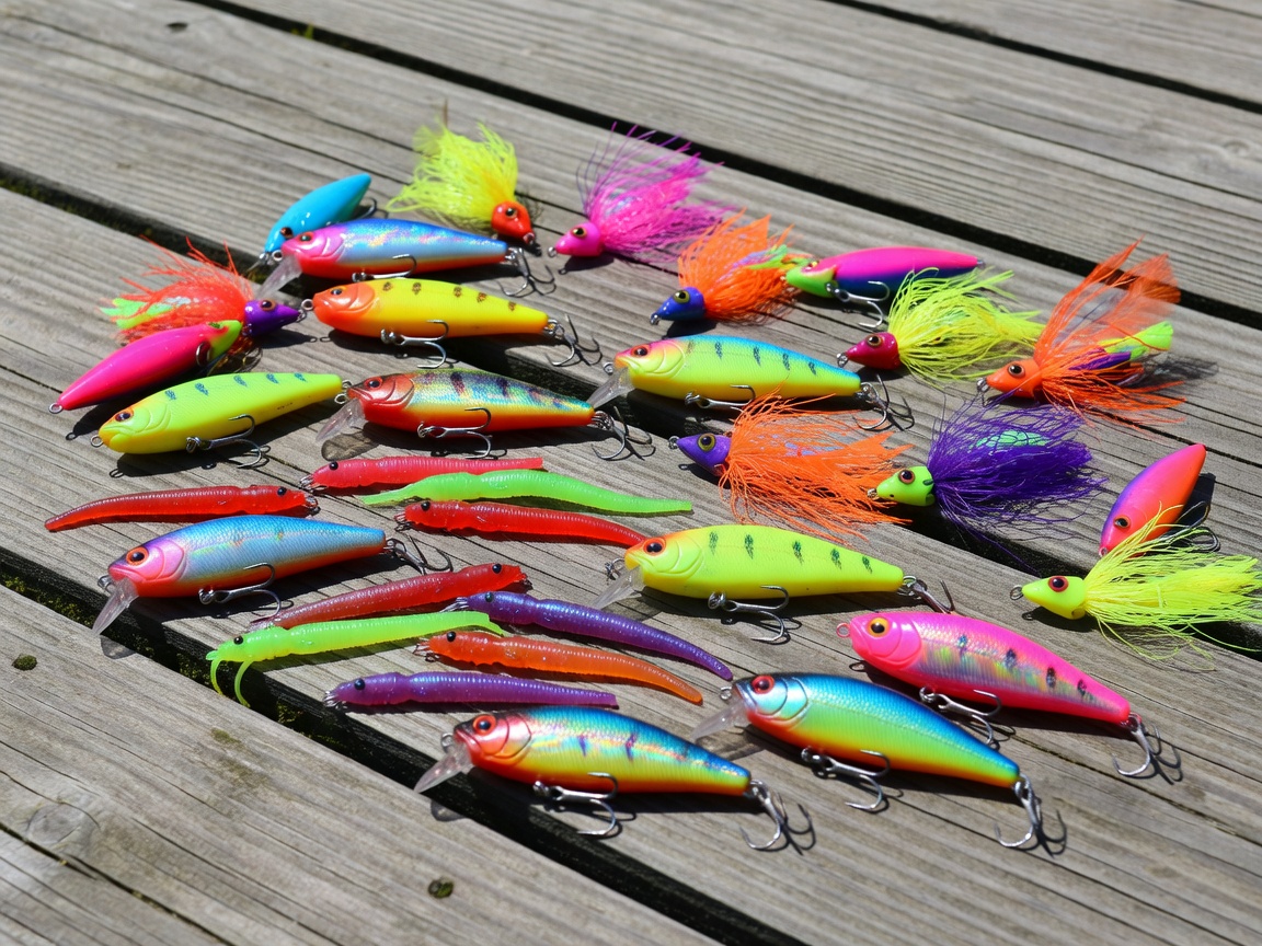 Various brightly colored fishing lures and jigs resting on a wooden dock