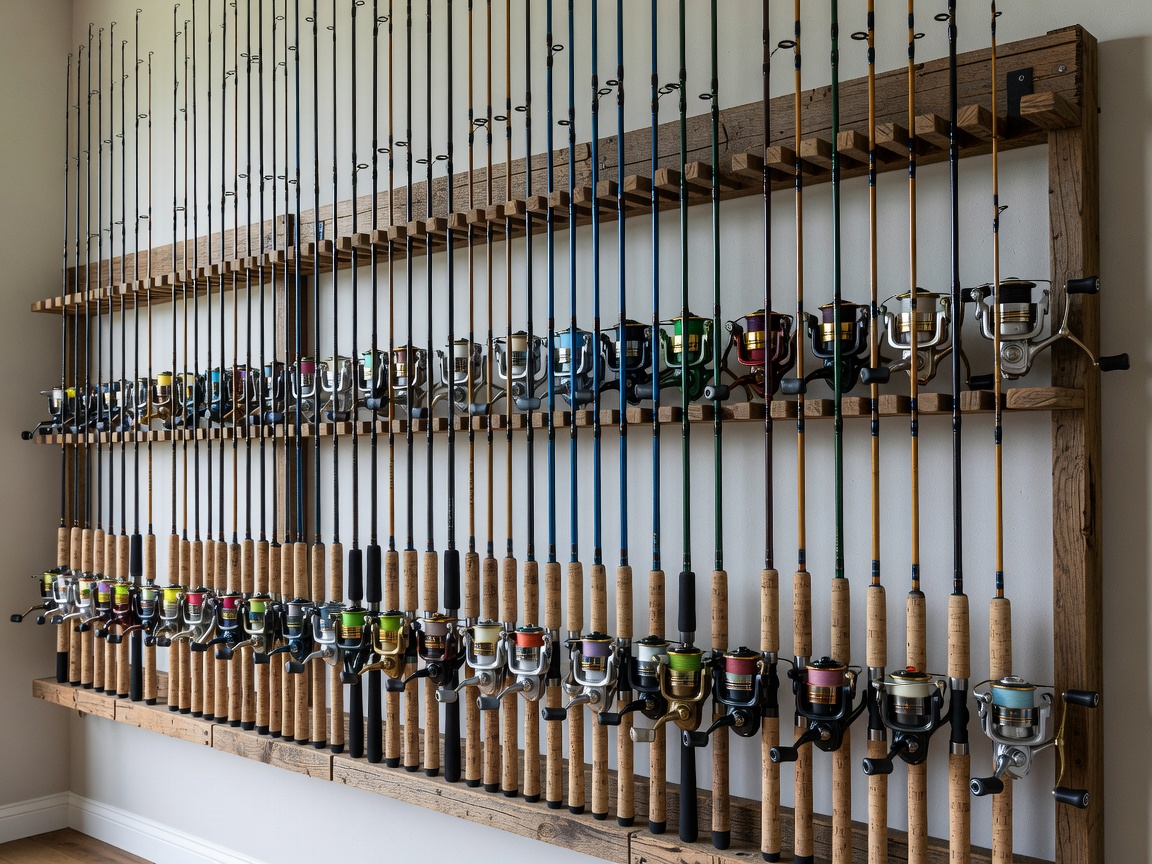Various fishing rods and reels neatly organized on a rack